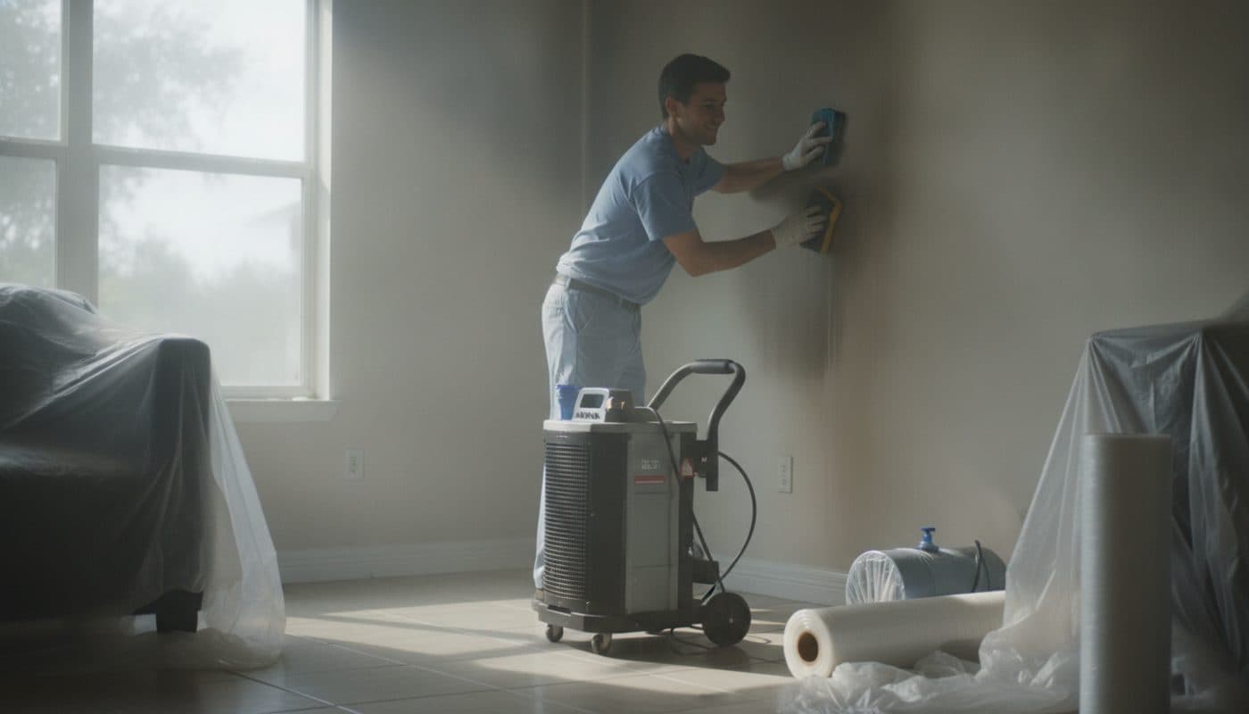 iMold technician cleaning smoke and soot from a wall during fire damage restoration