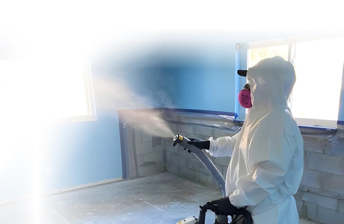 iMold technician in full protective gear safely treating mold inside a home