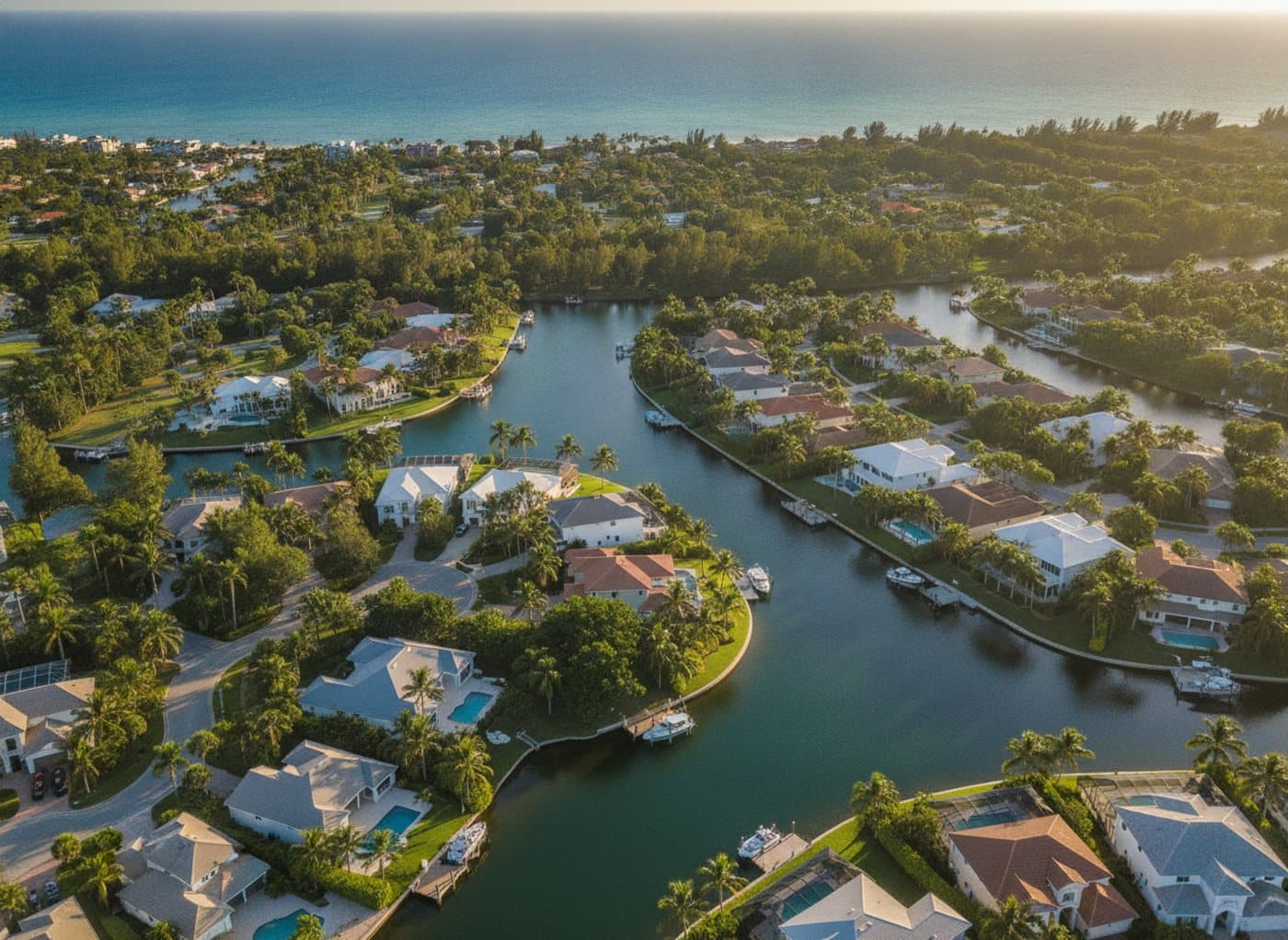 Golden-hour aerial view of a Southwest Florida coastal waterway neighborhood lined with palms